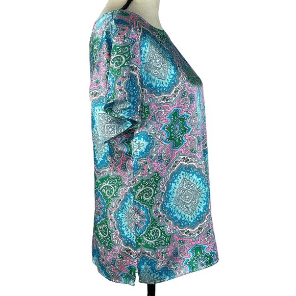 Talbots Petite Medium PM Top Geometric Flutter Sleeves Lightweight Scoop Neck - Picture 4 of 10